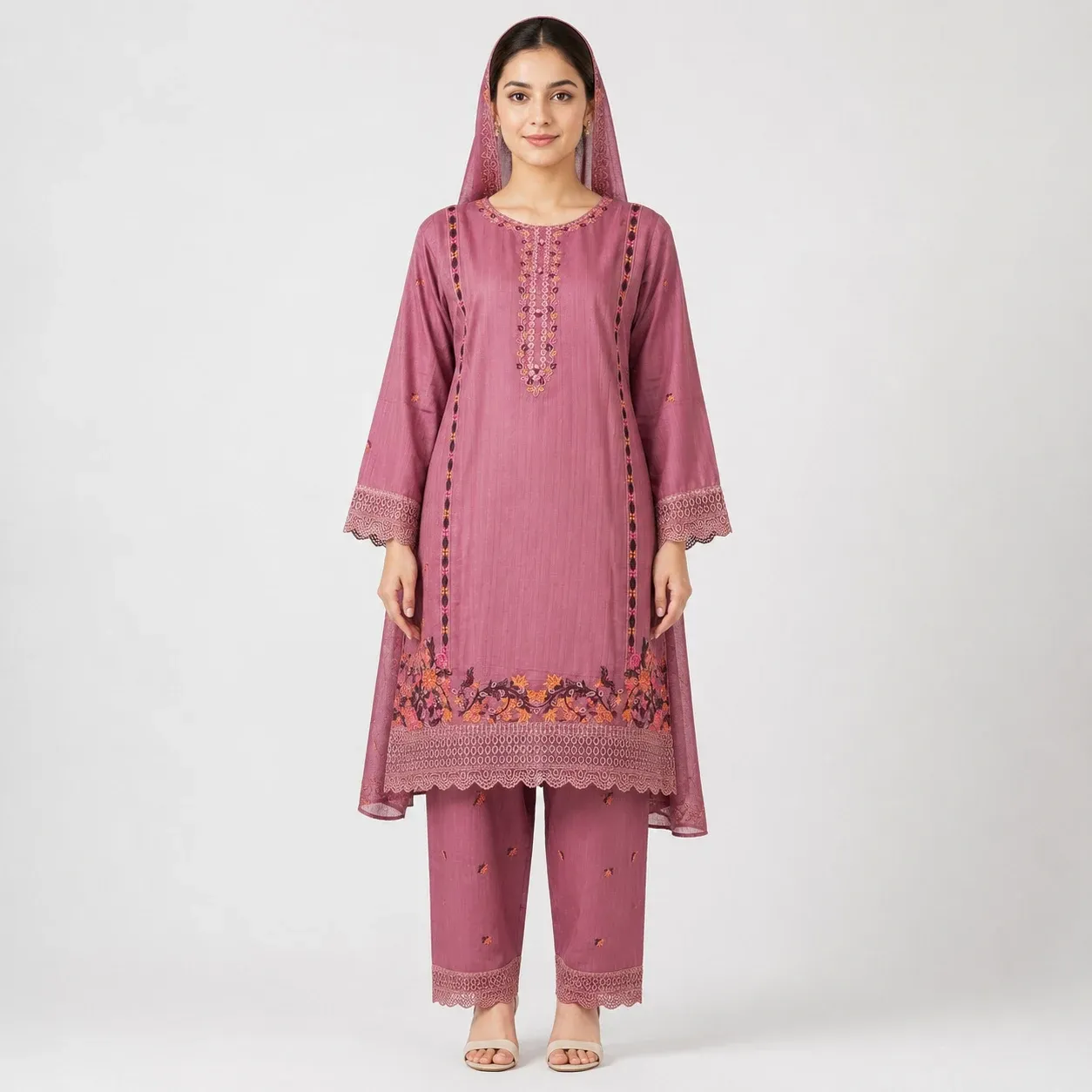Embroidered Doria Cotton 3 Piece Suit for Women with embroidered shirt matching trouser and dupatta