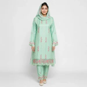 Embroidered Doria Cotton 3 Piece Suit for Women with floral embroidered shirt matching trouser and dupatta