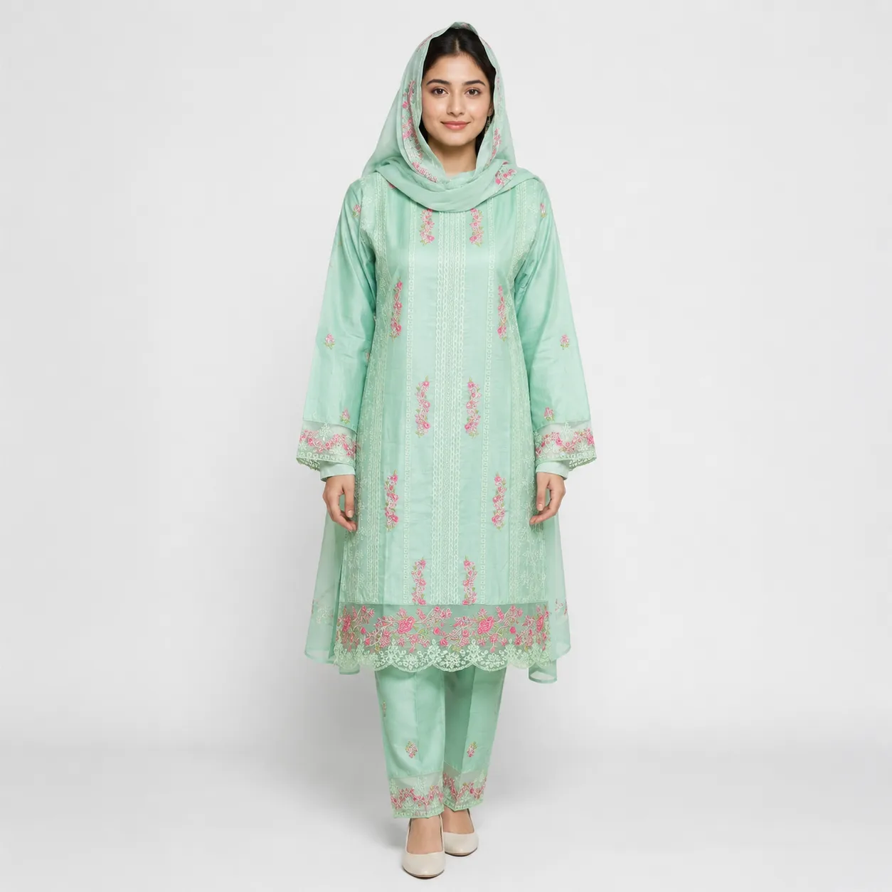 Embroidered Doria Cotton 3 Piece Suit for Women with floral embroidered shirt matching trouser and dupatta