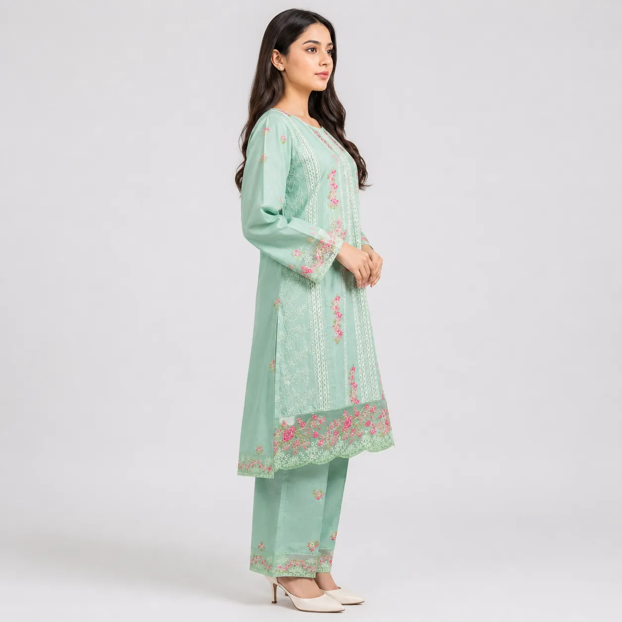 Embroidered Doria Cotton 3 Piece Suit for Women with floral embroidered shirt matching trouser and dupatta