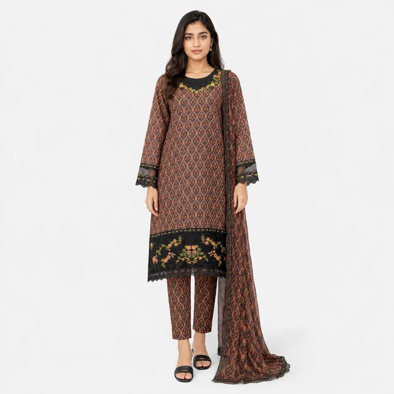 Printed 3 Piece Suit for Women with matching trouser and dupatta featuring elegant floral detailing and contrast borders