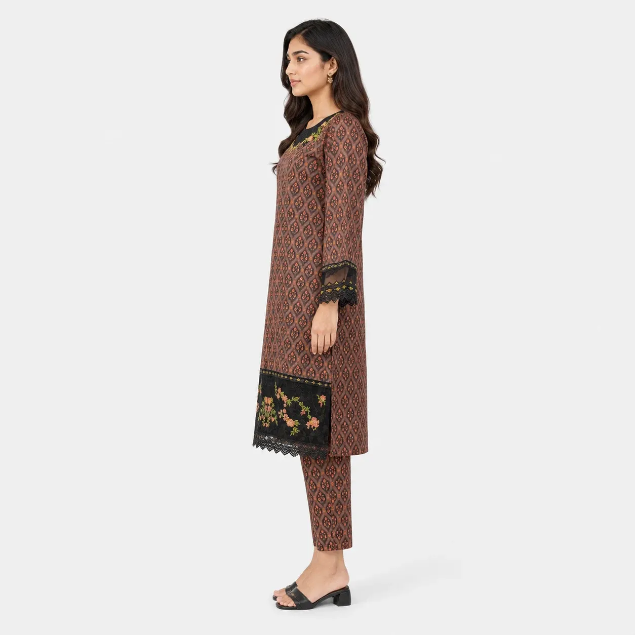 Printed 3 Piece Suit for Women with matching trouser and dupatta featuring elegant floral detailing and contrast borders