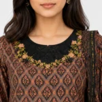 Printed 3 Piece Suit for Women with matching trouser and dupatta featuring elegant floral detailing and contrast borders
