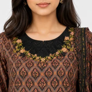 Printed 3 Piece Suit for Women with matching trouser and dupatta featuring elegant floral detailing and contrast borders