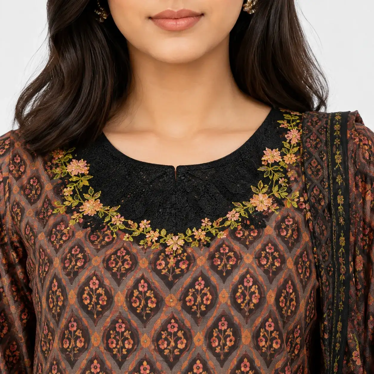 Printed 3 Piece Suit for Women with matching trouser and dupatta featuring elegant floral detailing and contrast borders