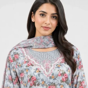 Floral Printed Lawn 3 Piece Suit for Women with matching trouser printed dupatta scalloped sleeves and decorative border