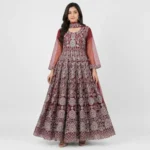 Embroidered Party Wear Maxi for women with floral embroidery, sheer sleeves, full-length flare and scalloped hem