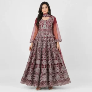 Embroidered Party Wear Maxi for women with floral embroidery, sheer sleeves, full-length flare and scalloped hem