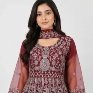 Embroidered Party Wear Maxi for women with floral embroidery, sheer sleeves, full-length flare and scalloped hem