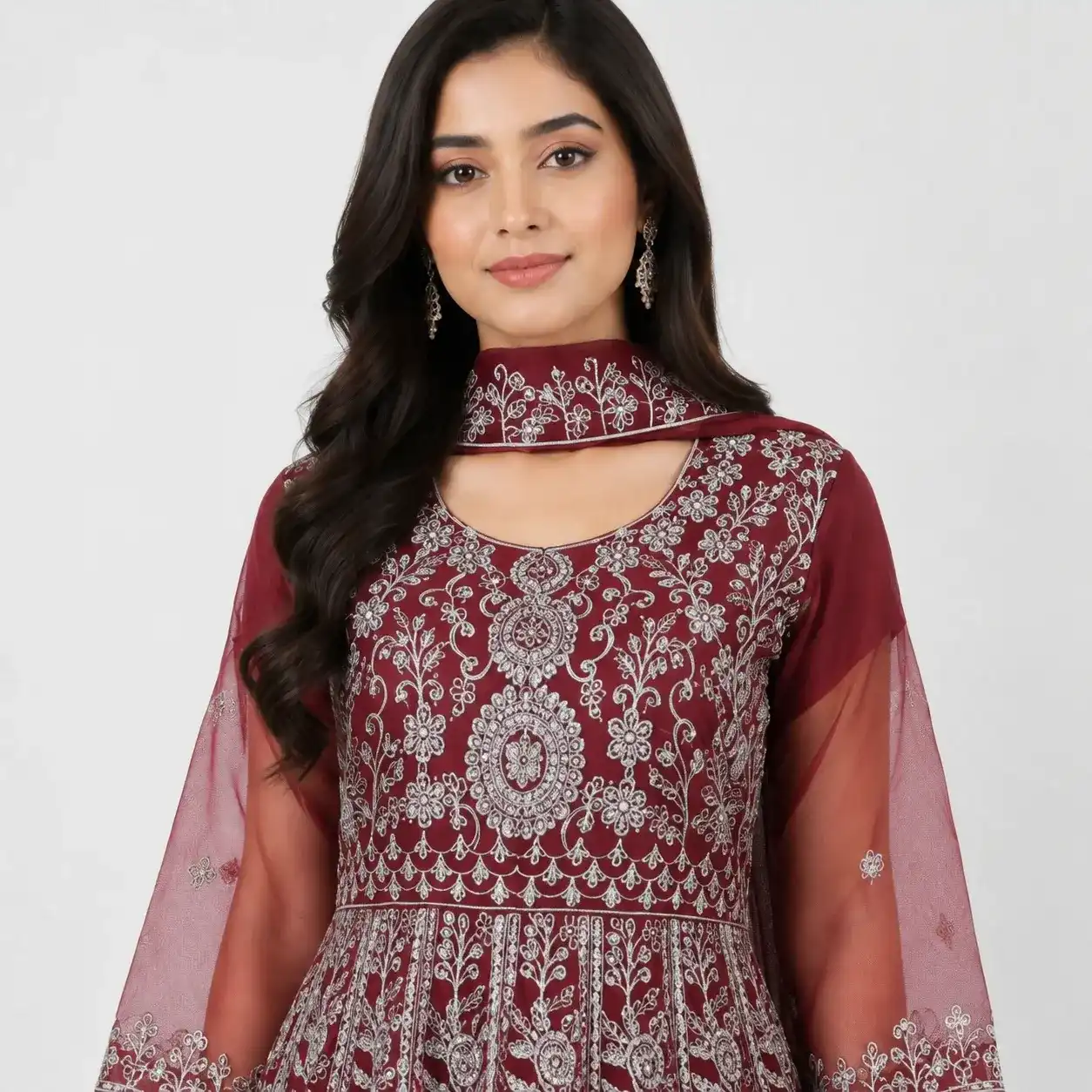 Embroidered Party Wear Maxi for women with floral embroidery, sheer sleeves, full-length flare and scalloped hem