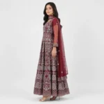 Embroidered Party Wear Maxi for women with floral embroidery, sheer sleeves, full-length flare and scalloped hem