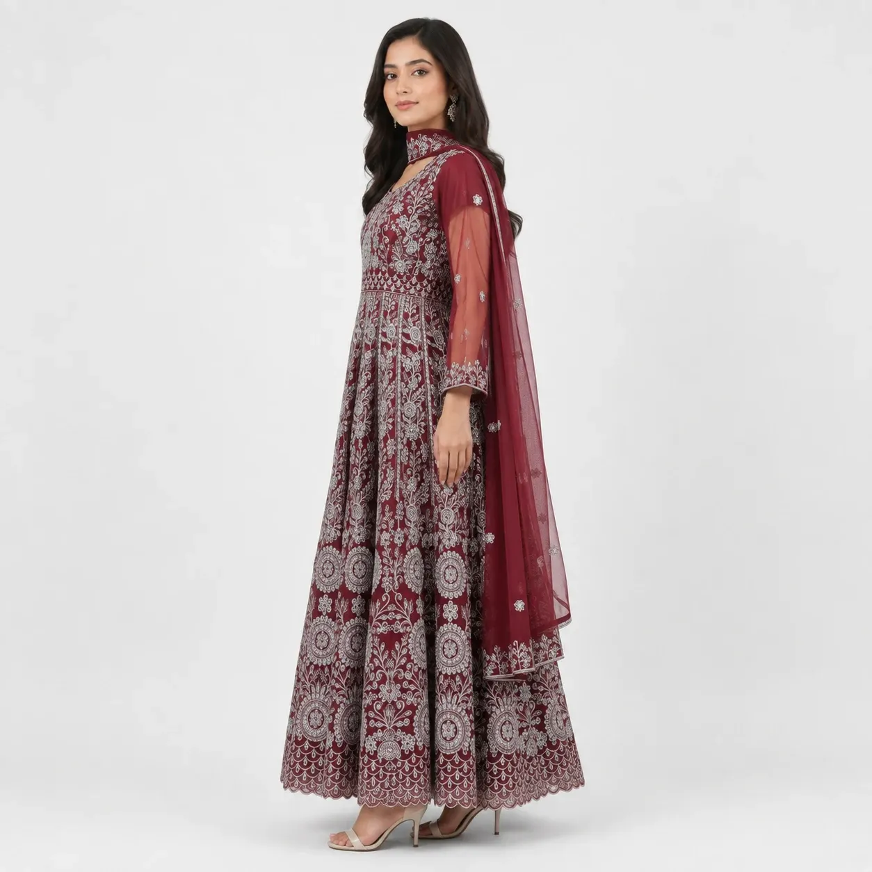 Embroidered Party Wear Maxi for women with floral embroidery, sheer sleeves, full-length flare and scalloped hem