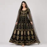 Women embroidered net maxi dress with gold embroidery, full flare, sheer sleeves, and matching net dupatta