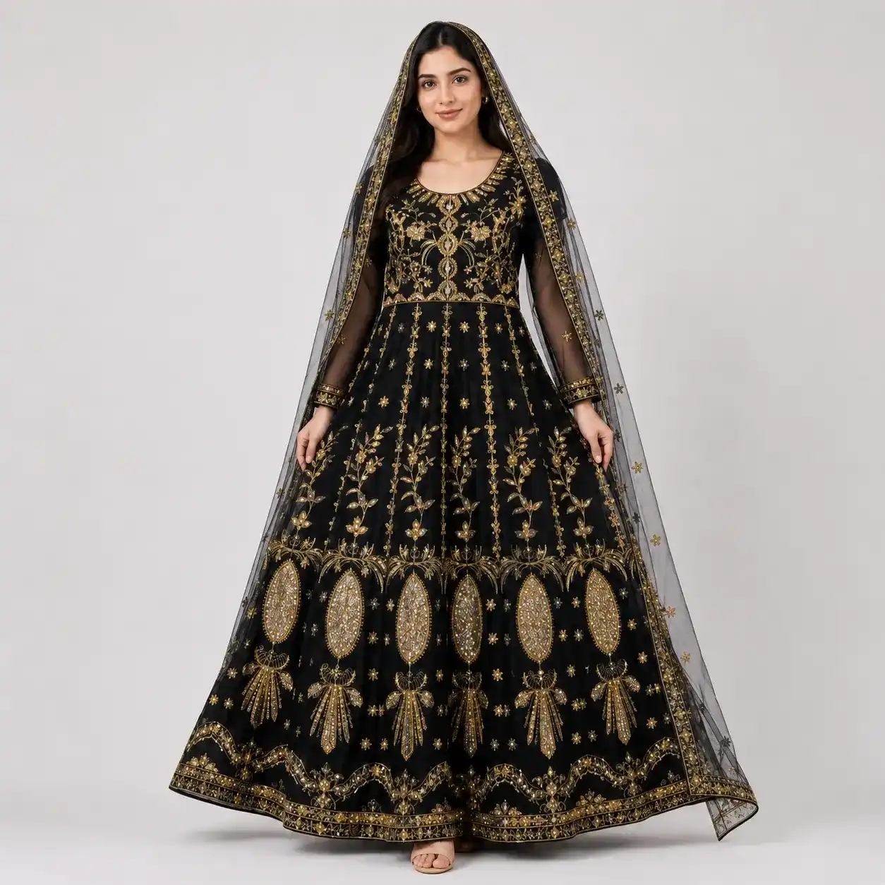 Women embroidered net maxi dress with gold embroidery, full flare, sheer sleeves, and matching net dupatta