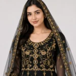 Women embroidered net maxi dress with gold embroidery, full flare, sheer sleeves, and matching net dupatta