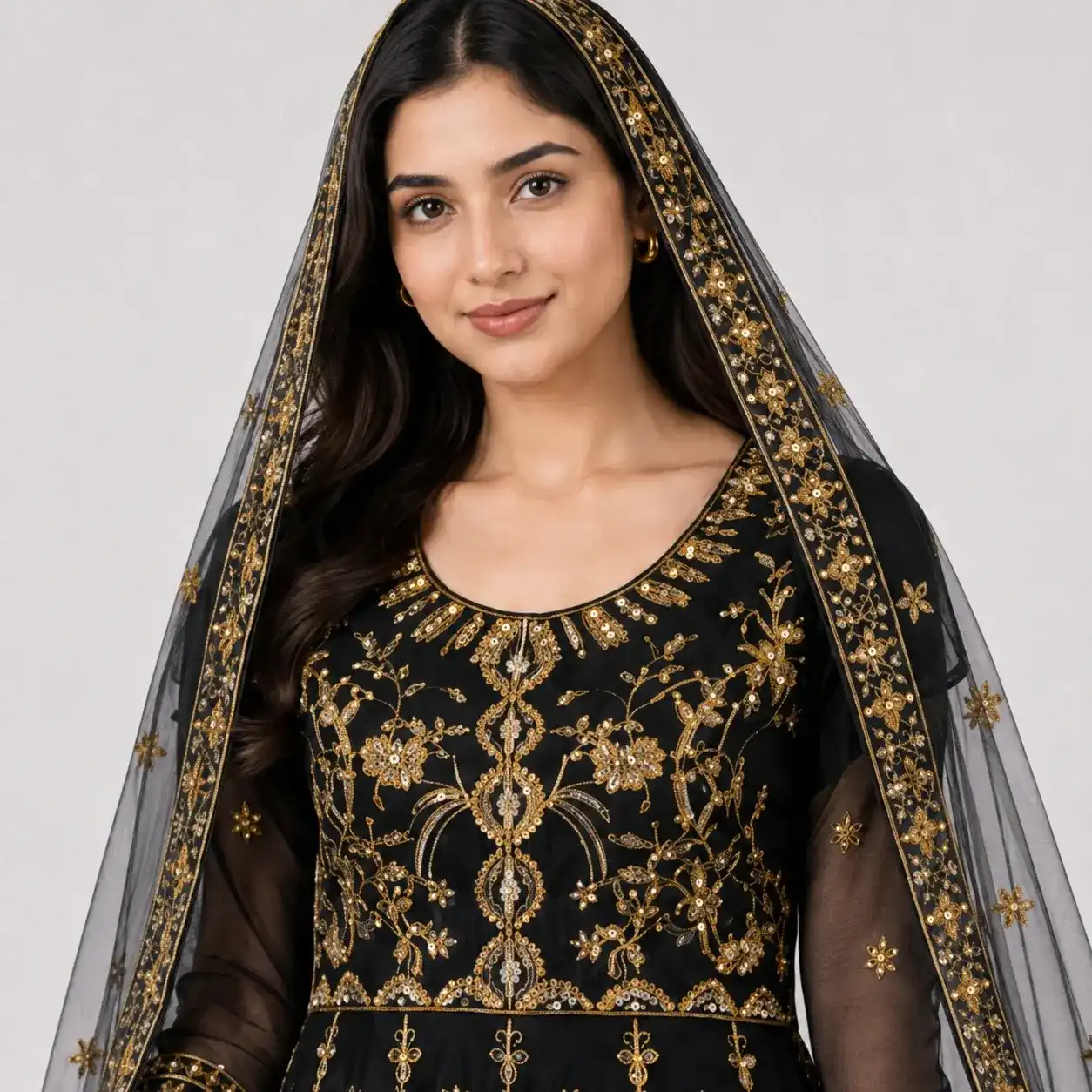 Women embroidered net maxi dress with gold embroidery, full flare, sheer sleeves, and matching net dupatta