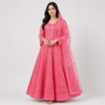 Pink embroidered organza maxi dress for women with full flare and matching dupatta