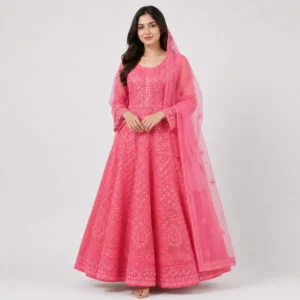 Pink embroidered organza maxi dress for women with full flare and matching dupatta