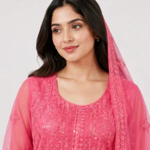 Pink embroidered organza maxi dress for women with full flare and matching dupatta