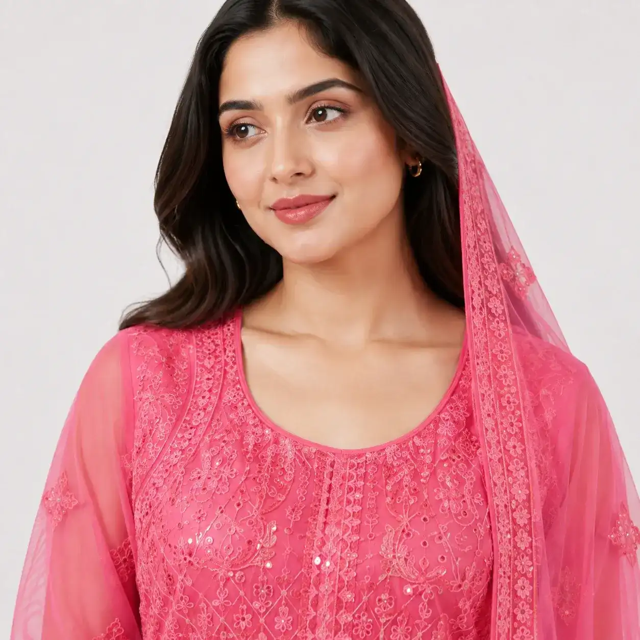 Pink embroidered organza maxi dress for women with full flare and matching dupatta