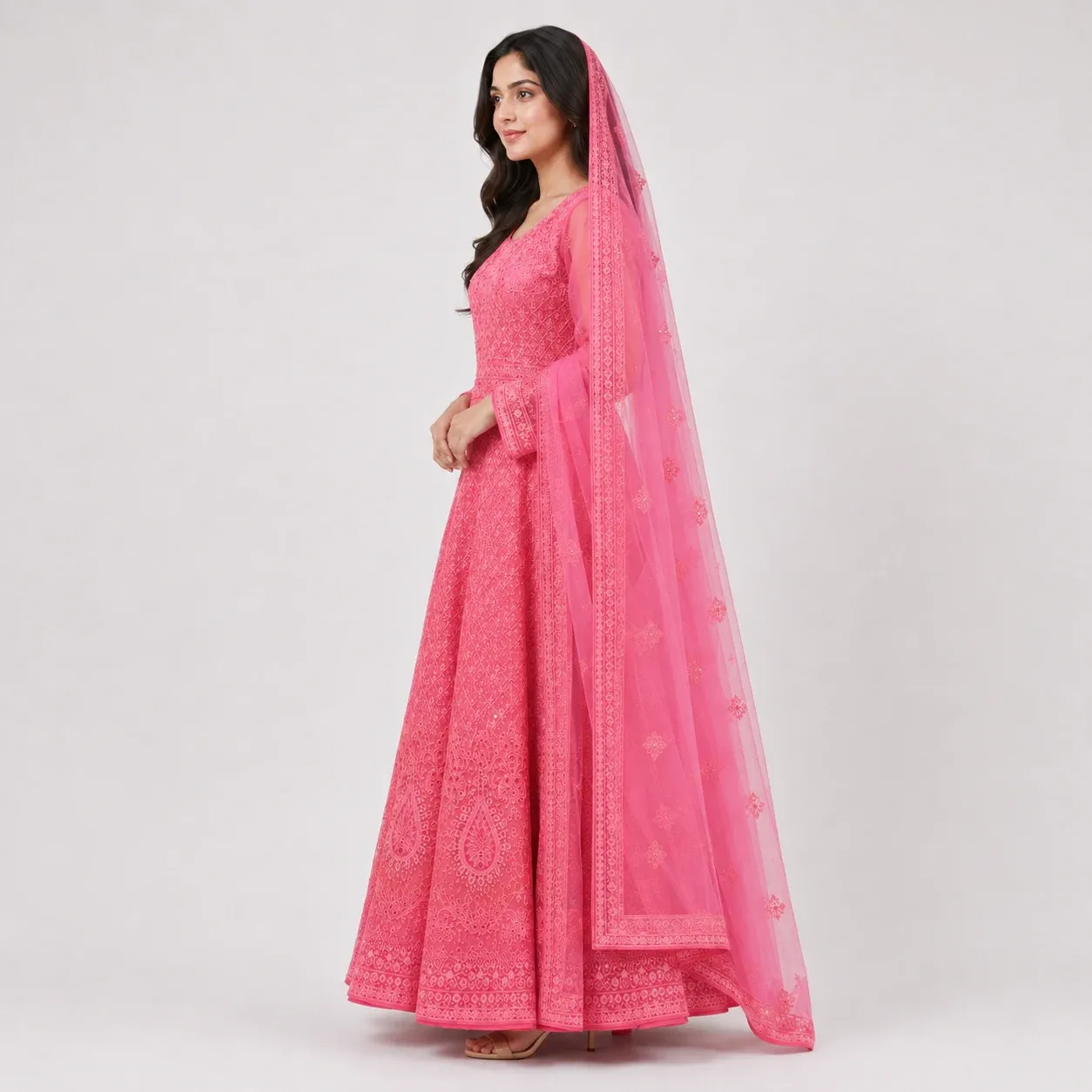 Pink embroidered organza maxi dress for women with full flare and matching dupatta